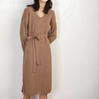 V-neck Slit-hem Plain Knit Dress