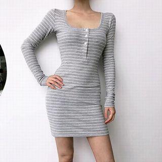 Long-sleeve Striped Buttoned Placket Mini Sheath Dress