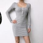 Long-sleeve Striped Buttoned Placket Mini Sheath Dress