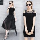 Set: Mesh Panel Cut Out Shoulder Short Sleeve Top + Pleated Midi Skirt