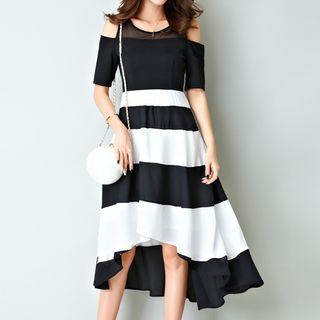Shoulder Cut Out Short-sleeve A-line Midi Dress