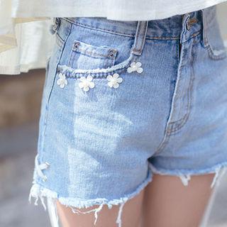 Lace-up Frey-hem Denim Shorts