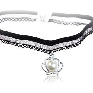 Faux Pearl Lace Choker X268 - Black - One Size