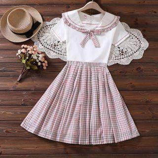 Set: Short-sleeve Sailor Collar Plaid Panel T-shirt + A-line Skirt