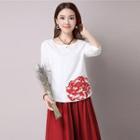 Flower Embroidered One Button Long Sleeve T-shirt