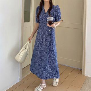 Puff-sleeve Floral Print Chiffon Lace-up Dress