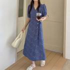 Puff-sleeve Floral Print Chiffon Lace-up Dress