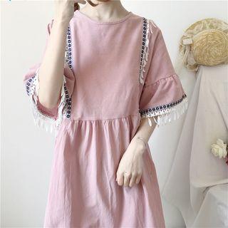 Elbow-sleeve Fringed A-line Dress