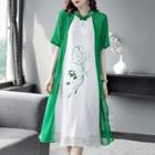 Short-sleeve Mock Two-piece Embroidered Midi Dress