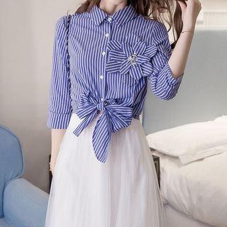 Set: Elbow-sleeve Striped Shirt + A-line Maxi Mesh Skirt