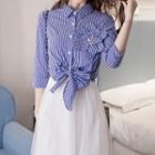 Set: Elbow-sleeve Striped Shirt + A-line Maxi Mesh Skirt
