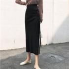 High-waist Plain Drawstring A-line Split Skirt Black - One Size