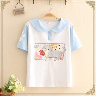 Collared Cat Print Short-sleeve Tee / Lace-up Detail Shorts