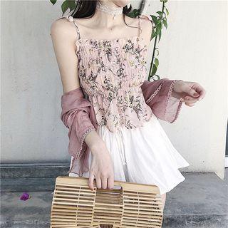 Floral Cropped Camisole Top / Frilled Chiffon Jacket / Plain High-waist Shorts