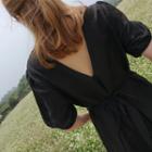 Puff-sleeve Linen Blend Midi Dress With Sash