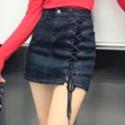 High-waist Washed Lace-up Mini Denim Skirt