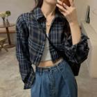 Plaid Cropped Long-sleeve Shirt Navy Blue - One Size