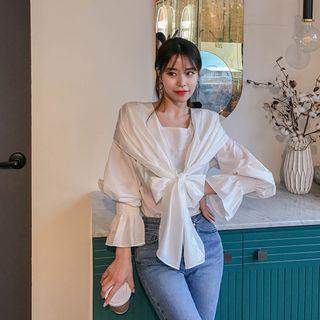 Tie-front Ruffle-cuff Blouse