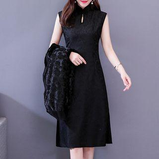 Set: Patterned Sleeveless Midi Qipao + Sheer Light Jacket