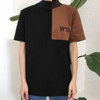 Colour Block Letter Mock-neck Short-sleeve T-shirt