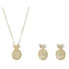 Set: Rhinestone Pineapple Necklace + Ear Stud Set - Gold - One Size