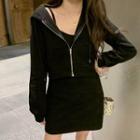 Set: Spaghetti-strap Mini A-line Dress + Cropped Zip-up Hoodie