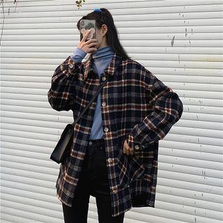 Long-sleeve Plaid Shirt / Turtleneck Long-sleeve Top