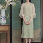 3/4-sleeve Cheongsam Chiffon Top / Spaghetti Strap Floral Midi Dress