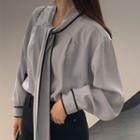 Long-sleeve Tie-neck Blouse Ash Blue - One Size