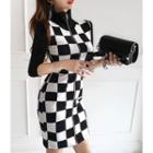 High-neck Zip-up Gingham Bodycon Dress Black - One Size