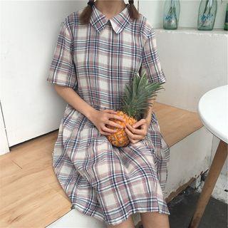 Plaid Elbow Sleeve Collared Dress