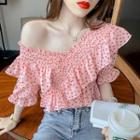 Cold-shoulder Ruffled Dotted Blouse