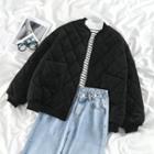 Plain Loose-fit Baseball Jacket / Striped Sweater