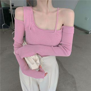 Cold-shoulder Knit Top / High-waist Wide-leg Dress Pants
