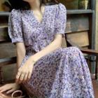 Short-sleeve Floral Print Midi A-line Dress Floral - Purple - One Size