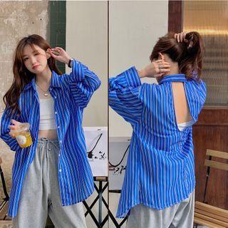 Striped Open-back Long-sleeve Shirt As Figure - One Size