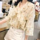 Flower Print Flared-sleeve Ruffle Blouse