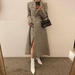 Flared Houndstooth Maxi Coat Dress