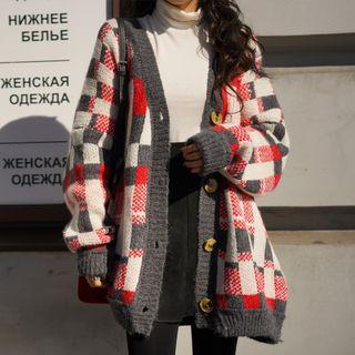 Oversized Plaid Wool Blend Cardigan Charcoal Gray - One Size