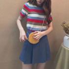 Set: Striped Short-sleeve Top + Pleated Skirt