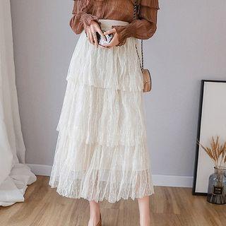 Tiered Crinkled Mesh A-line Midi Skirt
