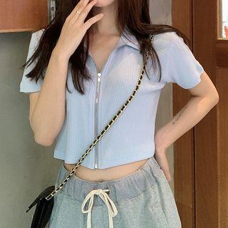 Short-sleeve Zip-up Cropped Polo Shirt