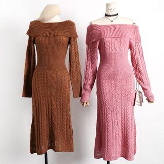 Plain Cable Knit Off Shoulder Long Sleeve Dress