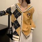 Sailor Collar Logo Patch Argyle Cardigan Khaki - One Size