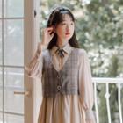 Long-sleeve Collared Midi A-line Dress / Plaid Single-breasted Vest