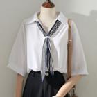 Semi Sleeve V-neck Chiffon Shirt With Necktie