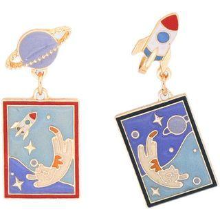 Cat Rocket & Planet Asymmetrical Alloy Dangle Earring