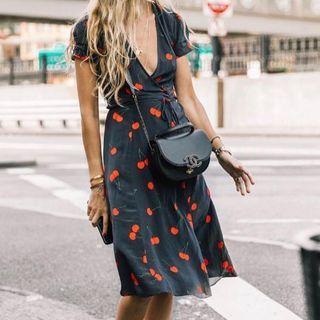Cherry Print V-neck Midi A-line Dress