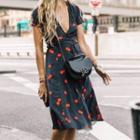 Cherry Print V-neck Midi A-line Dress