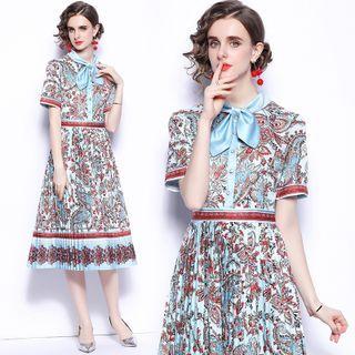 Bow-neck Print Midi A-line Dress